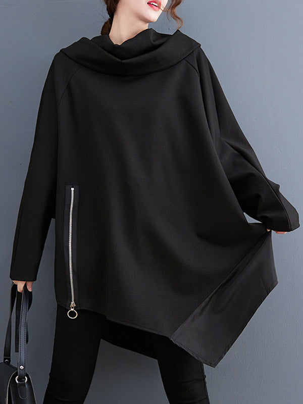 xakxx Long Sleeves Loose Asymmetric Split-Joint Zipper Heaps Collar Sweatshirt Tops
