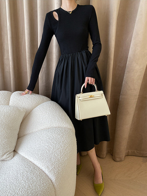 xakxx A-Line Long Sleeves Elasticity Hollow Solid Color Split-Joint Round-Neck Midi Dresses