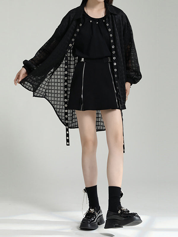 xakxx High-Low Long Sleeves Gauze See-Through Round-Neck Blouses&Shirts Tops