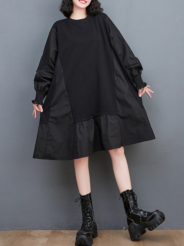 xakxx Loose Puff Sleeves Pleated Solid Color Split-Joint Round-neck Midi Dresses
