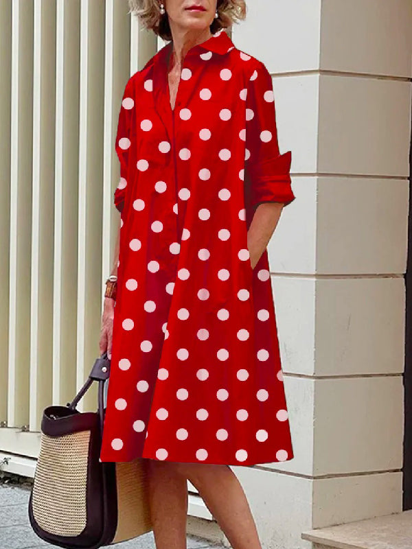 xakxx Vintage Long Sleeves Polka Dot Lapel Midi Dresses