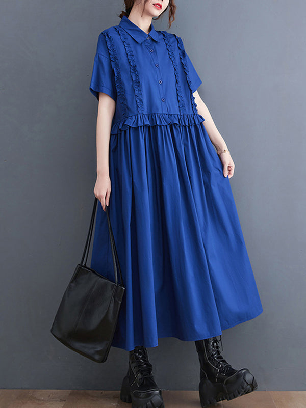xakxx Simple Short Sleeves Loose Buttoned Falbala Split-Joint Solid Color Midi Shirt Dress