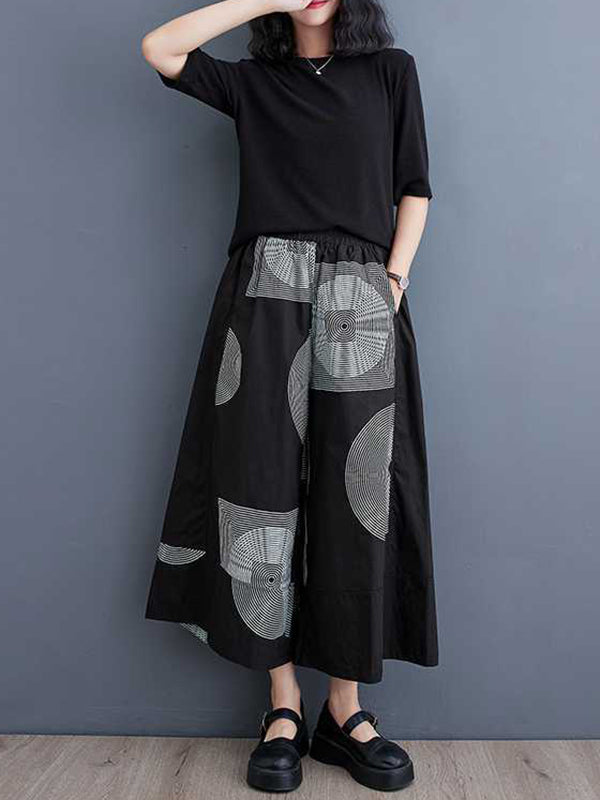 xakxx High Waisted Loose Elasticity Printed Cropped Trousers Pants