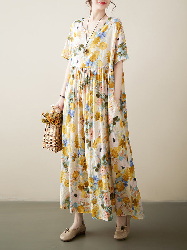 xakxx A-Line Loose Floral Printed Round-Neck Midi Dresses