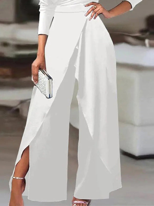 xakxx Solid Color One-Shoulder Long Sleeves T-Shirt + High-Waisted Wide Leg Pants Trousers Two Pieces Set