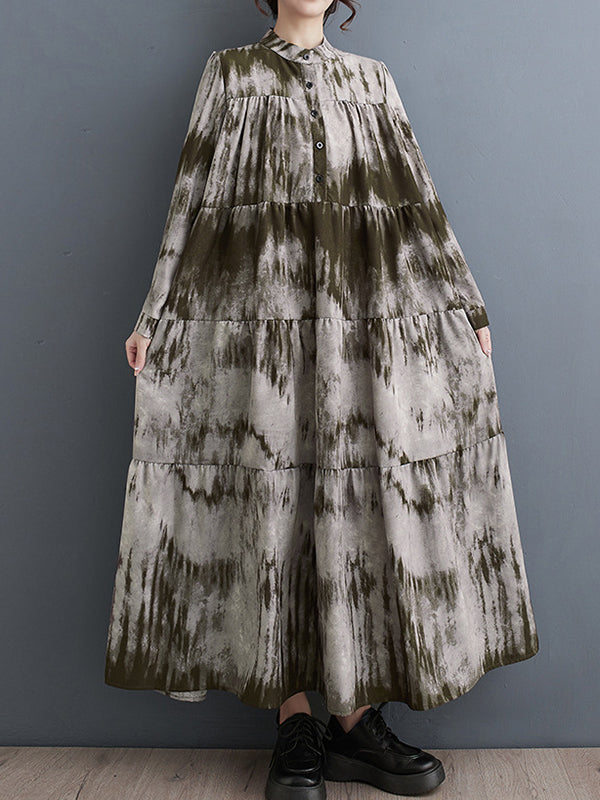 xakxx Long Sleeves Loose Pleated Split-Joint Tie-Dyed Stand Collar Midi Dresses