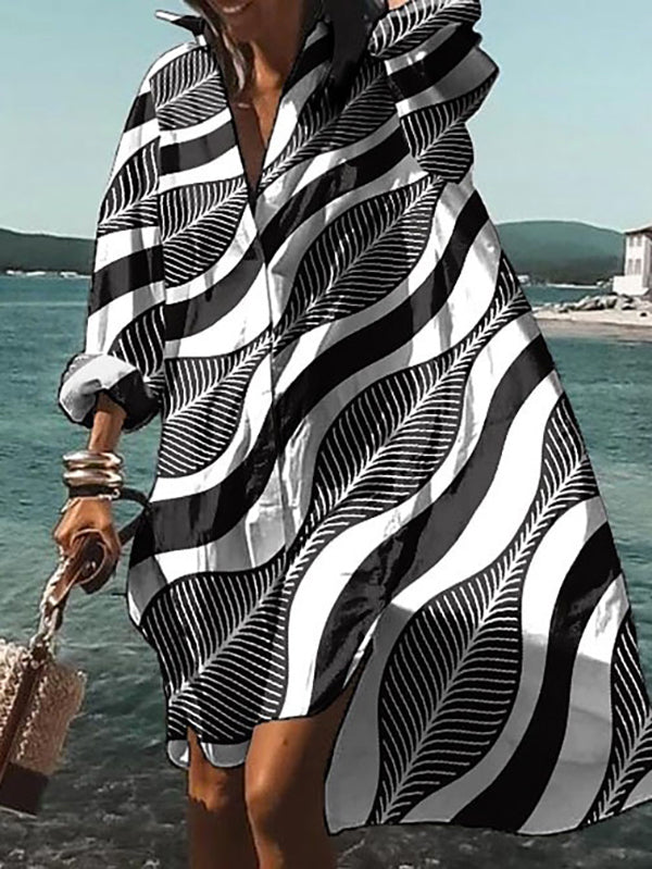 xakxx High-low Long Sleeves Buttoned Split-side Striped Lapel Midi Dresses Shirt Dress