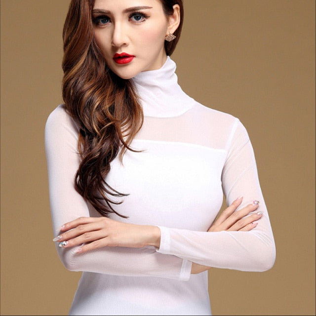 xakxx Women Mesh Elastic Blouse Shirt Autumn Winter Casual Tops and Blouses Turtleneck Long Sleeve Slim Plus Size New Sexy Stretch