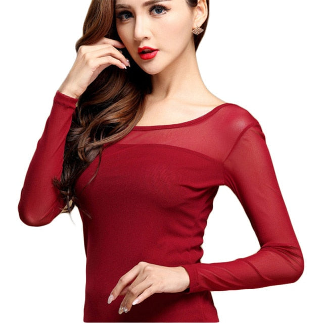 xakxx Women Mesh Elastic Blouse Shirt Autumn Winter Casual Tops and Blouses Turtleneck Long Sleeve Slim Plus Size New Sexy Stretch