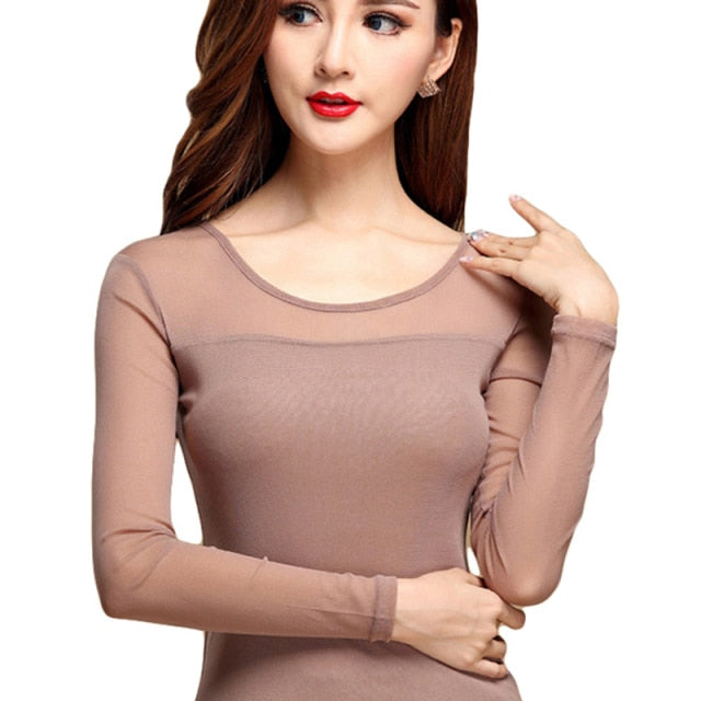 xakxx Women Mesh Elastic Blouse Shirt Autumn Winter Casual Tops and Blouses Turtleneck Long Sleeve Slim Plus Size New Sexy Stretch
