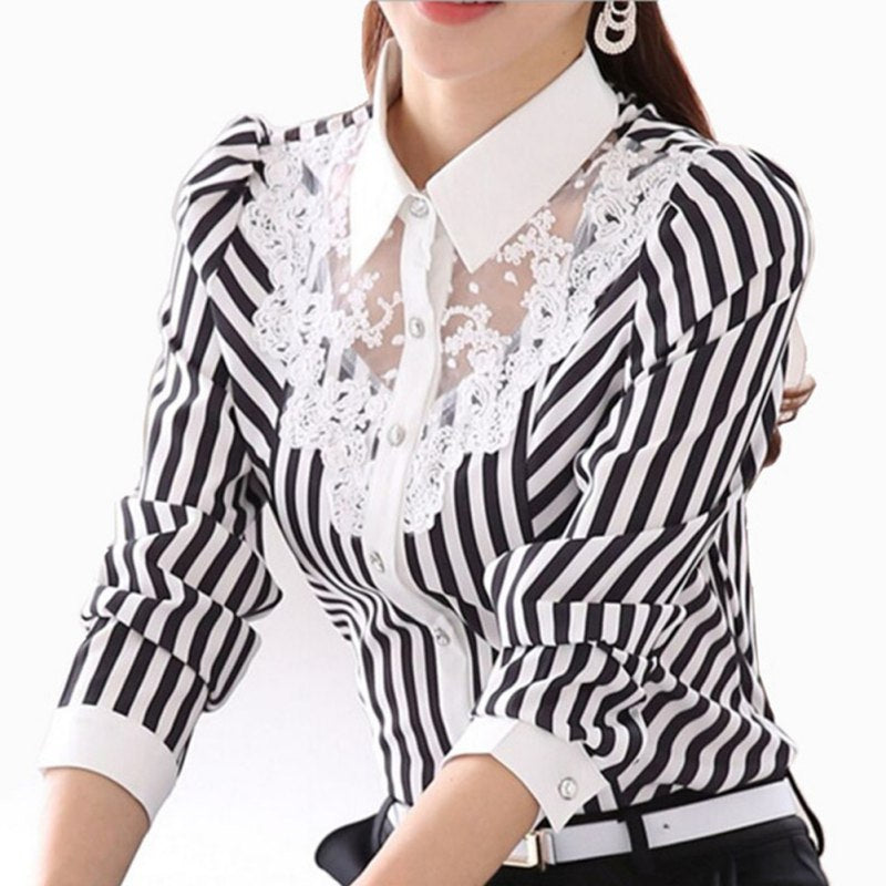 xakxx Women Blouse Long Sleeve Lace Tops Striped Turn-Down Collar Blouses Official Female Formal Shirt Spring Autumn