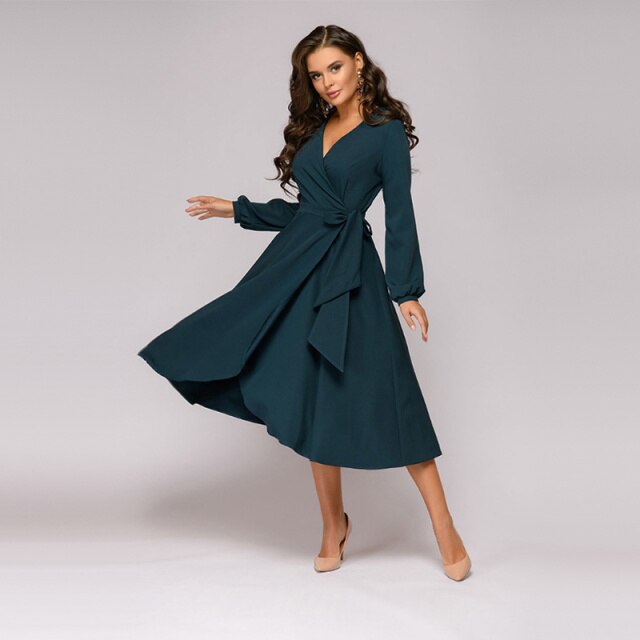 xakxx Women Vintage Sashes Bandage Office Dress Long Sleeve Sexy V neck Solid Casual A-line Party Dress Autumn New Fashion Dress