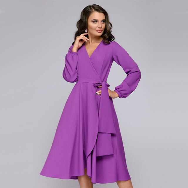 xakxx Women Vintage Sashes Bandage Office Dress Long Sleeve Sexy V neck Solid Casual A-line Party Dress Autumn New Fashion Dress