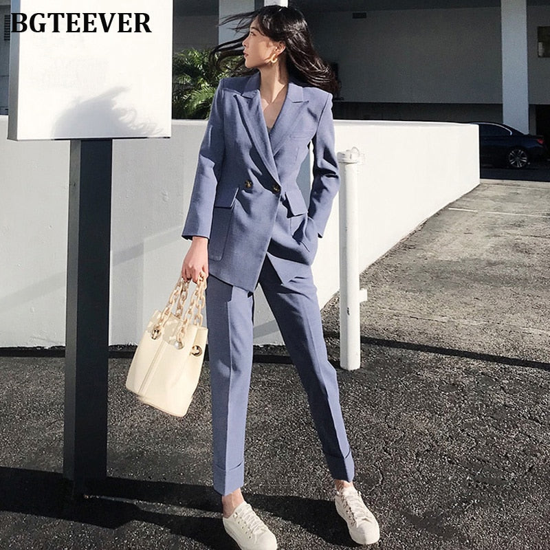 Fashion Double Breasted Women Pant Suit Notched Blazer Jacket & High Waist Pant Female Blazer Set Office Wear Women Suits