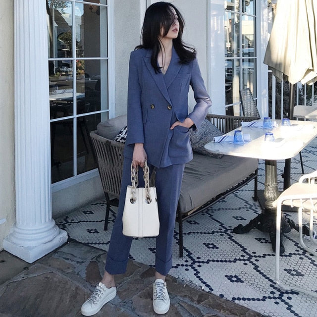 Fashion Double Breasted Women Pant Suit Notched Blazer Jacket & High Waist Pant Female Blazer Set Office Wear Women Suits