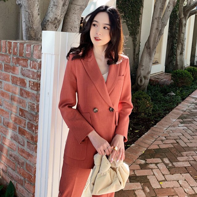 Fashion Double Breasted Women Pant Suit Notched Blazer Jacket & High Waist Pant Female Blazer Set Office Wear Women Suits