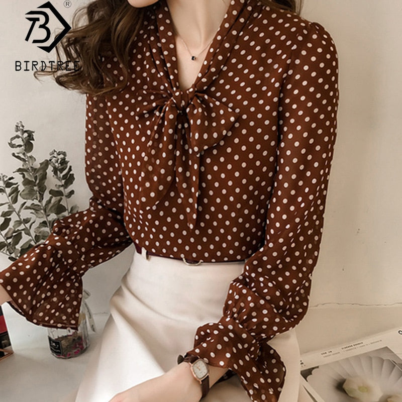 xakxx Women Vintage Polka Dot Blouses Female Blouse Tops Spring Long Sleeve Casual Chiffon Shirt Loose Plus Size 4XL T9N508M