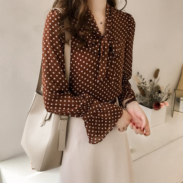 xakxx Women Vintage Polka Dot Blouses Female Blouse Tops Spring Long Sleeve Casual Chiffon Shirt Loose Plus Size 4XL T9N508M