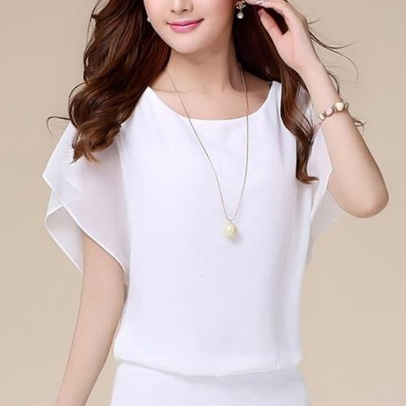 xakxx Casual Women Chiffon Blouse Female Solid Short Sleeve Ruffle Batwing Short Shirt Summer Beach Plus Size