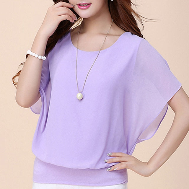 xakxx Casual Women Chiffon Blouse Female Solid Short Sleeve Ruffle Batwing Short Shirt Summer Beach Plus Size