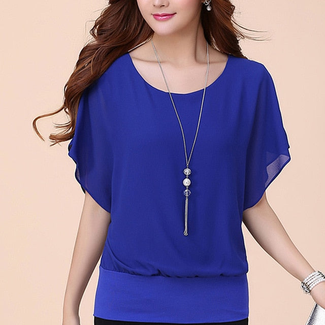 xakxx Casual Women Chiffon Blouse Female Solid Short Sleeve Ruffle Batwing Short Shirt Summer Beach Plus Size