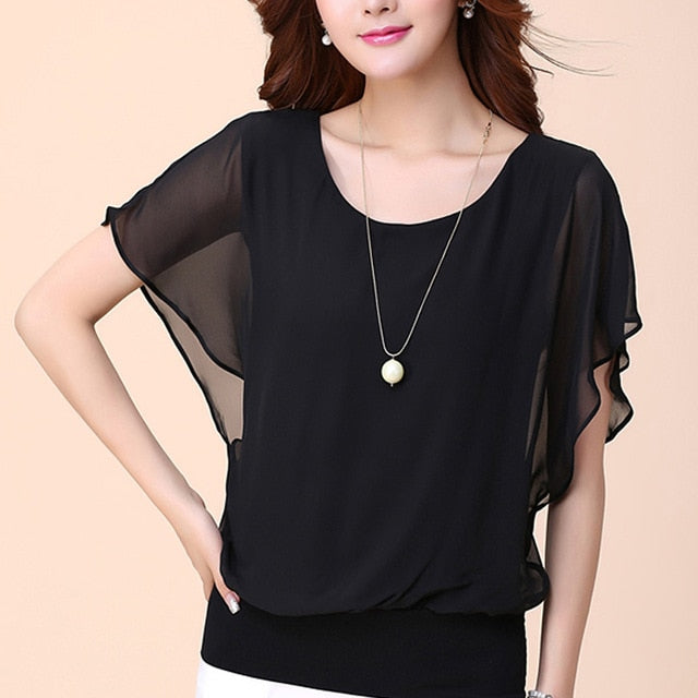 xakxx Casual Women Chiffon Blouse Female Solid Short Sleeve Ruffle Batwing Short Shirt Summer Beach Plus Size