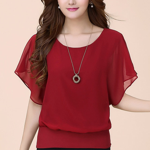 xakxx Casual Women Chiffon Blouse Female Solid Short Sleeve Ruffle Batwing Short Shirt Summer Beach Plus Size