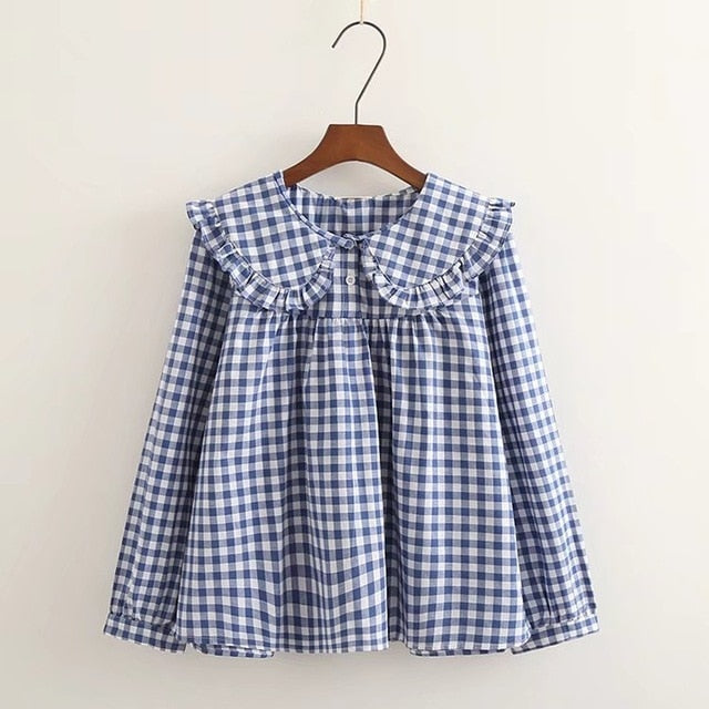 xakxx Women Plaid Shirt Long Sleeve Spring Summer Tops Ladies Japanese Mori Girl Peter pan Collar Cute Baby doll Cotton White Blouses