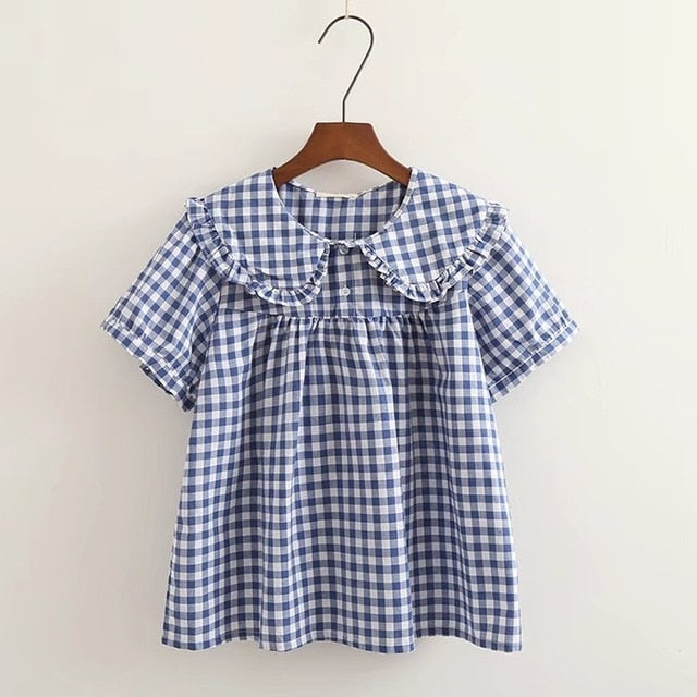 xakxx Women Plaid Shirt Long Sleeve Spring Summer Tops Ladies Japanese Mori Girl Peter pan Collar Cute Baby doll Cotton White Blouses