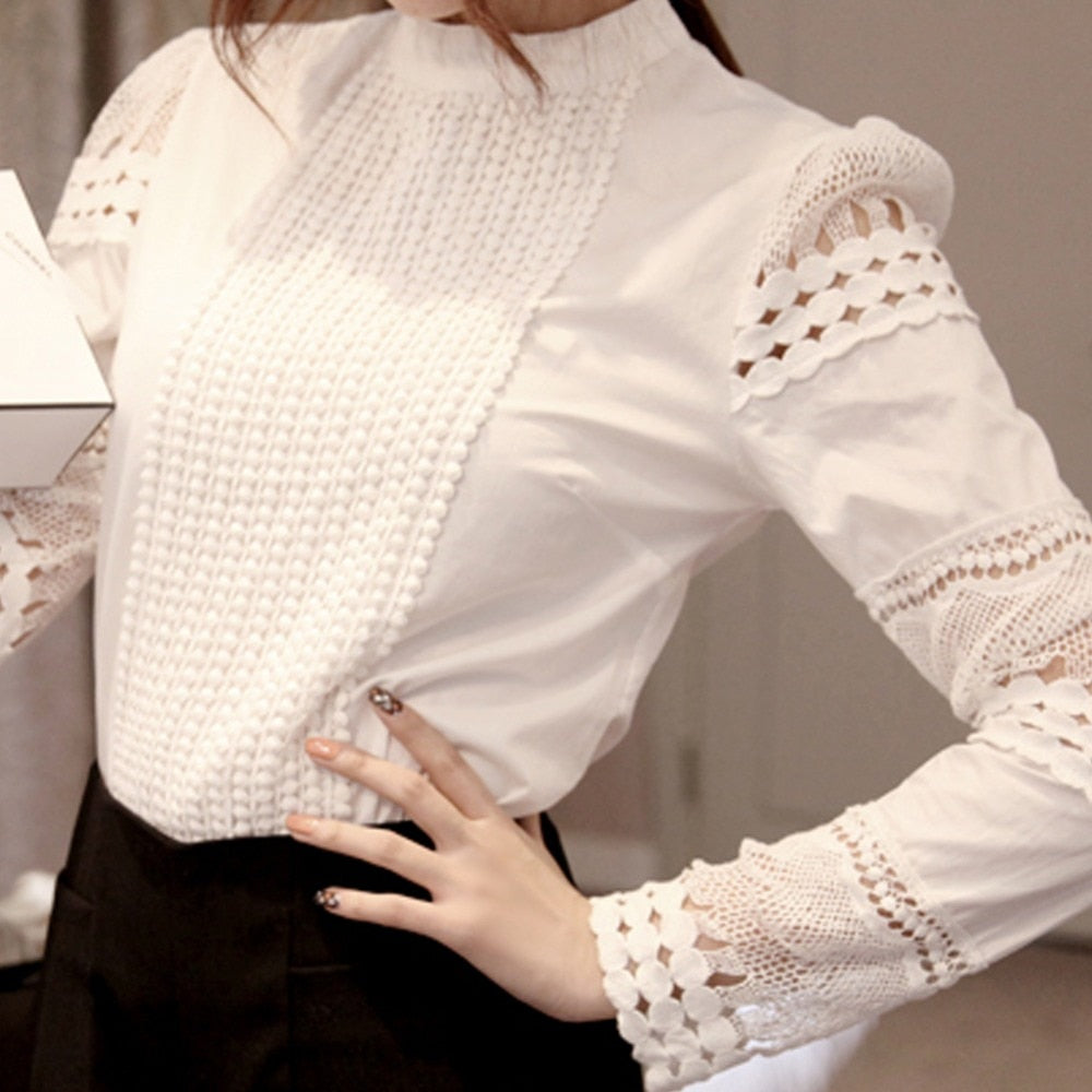 xakxx Lace Chiffon Blouse Women Shirt Plus Size Casual ladies long sleeve Womens Tops and Blouses S-5XL Hook Flower Hollow