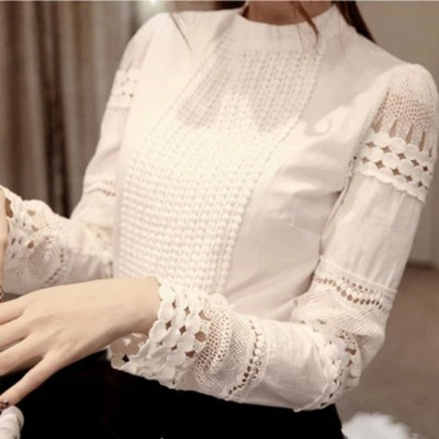 xakxx Lace Chiffon Blouse Women Shirt Plus Size Casual ladies long sleeve Womens Tops and Blouses S-5XL Hook Flower Hollow