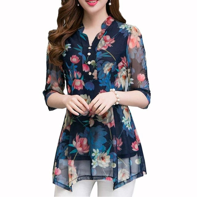 xakxx New Summer Shirt Womens Tops and Blouses Floral Blouse Print Casual Female Plus Size 5XL V-neck