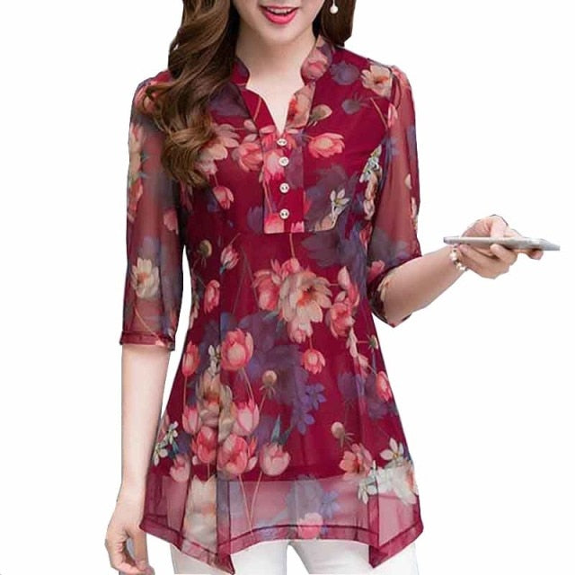xakxx New Summer Shirt Womens Tops and Blouses Floral Blouse Print Casual Female Plus Size 5XL V-neck
