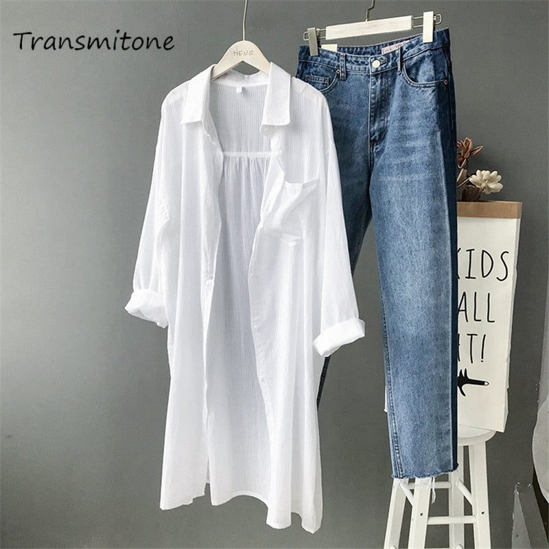 Cotton Women Beach White Long Blouse Spring Women Long Sleeve Shirts Blouse High quality loose Office Long Blouse Tops