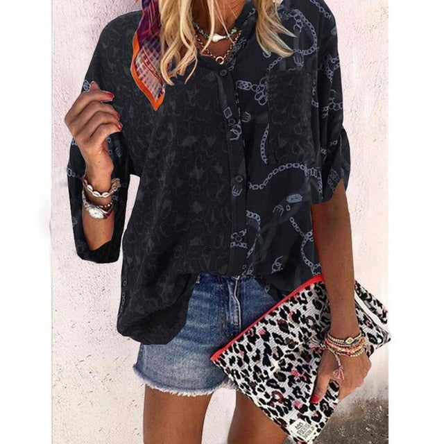 xakxx xakxx Women Blouse Sping Tops Turn-down Collar Long Sleeve Leopard Shirt Loose Plus Size Clothing For Women Ladies Blouses