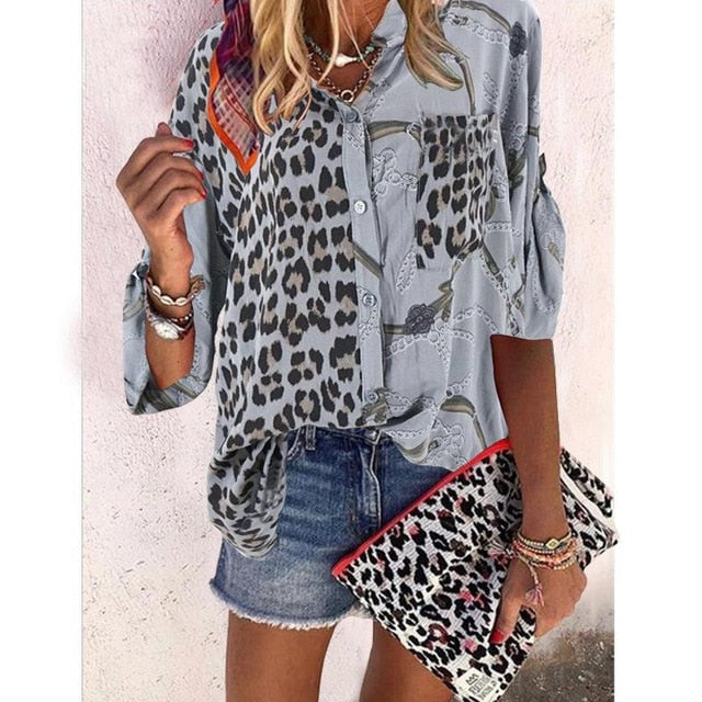 xakxx xakxx Women Blouse Sping Tops Turn-down Collar Long Sleeve Leopard Shirt Loose Plus Size Clothing For Women Ladies Blouses