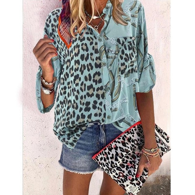 xakxx xakxx Women Blouse Sping Tops Turn-down Collar Long Sleeve Leopard Shirt Loose Plus Size Clothing For Women Ladies Blouses