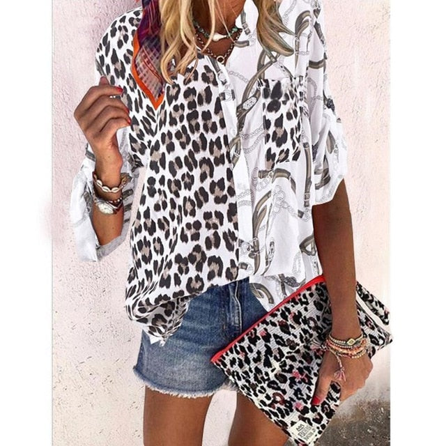 xakxx xakxx Women Blouse Sping Tops Turn-down Collar Long Sleeve Leopard Shirt Loose Plus Size Clothing For Women Ladies Blouses