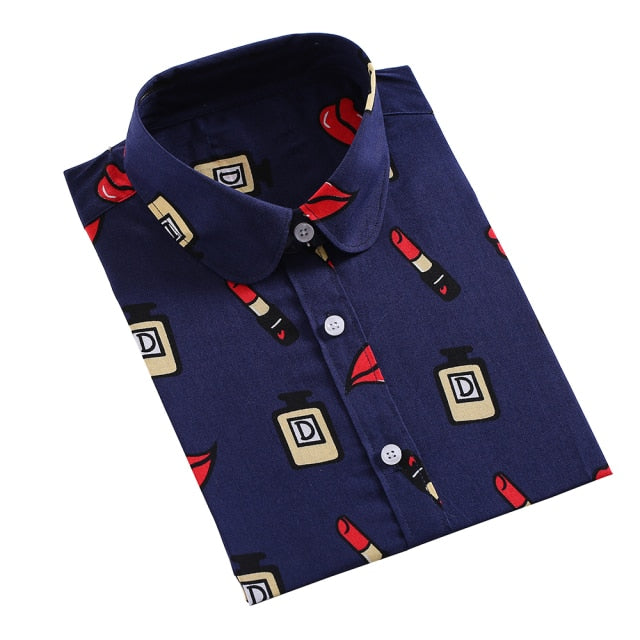 xakxx Women Shirts Long Sleeve Cotton Blouse Fashion Print Cherry Lips Flower Top Shirts For Women Autumn Under Shirt Ladies Office