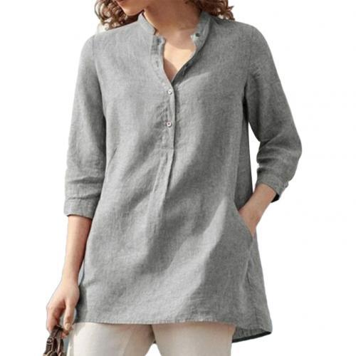 xakxx Women blouses spring autumn tops leisure white shirts button v neck cardigan top loose long sleeve linen shirt cotton blouses