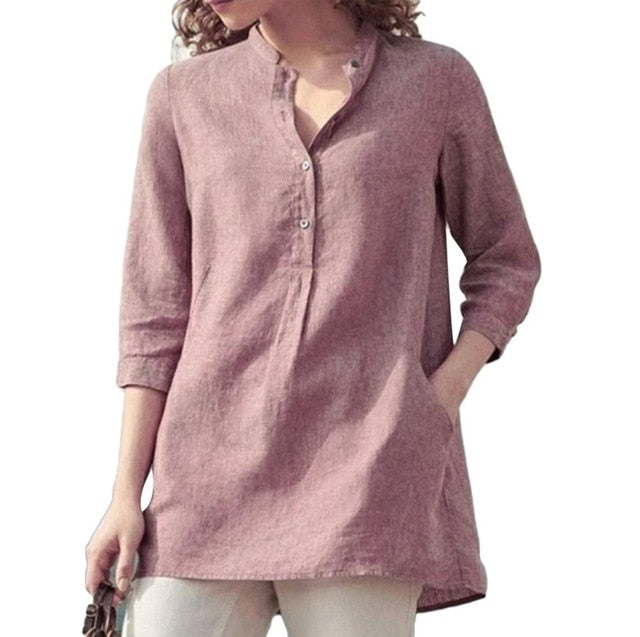 xakxx Women blouses spring autumn tops leisure white shirts button v neck cardigan top loose long sleeve linen shirt cotton blouses