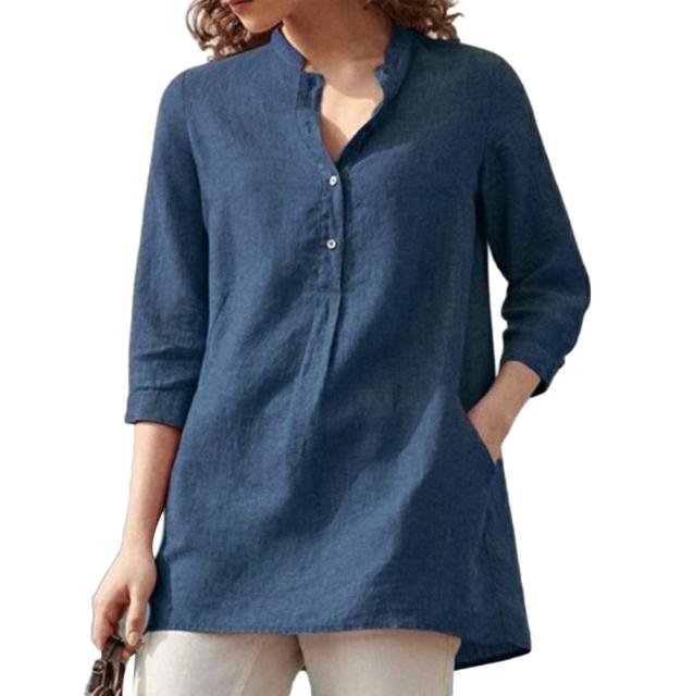 xakxx Women blouses spring autumn tops leisure white shirts button v neck cardigan top loose long sleeve linen shirt cotton blouses