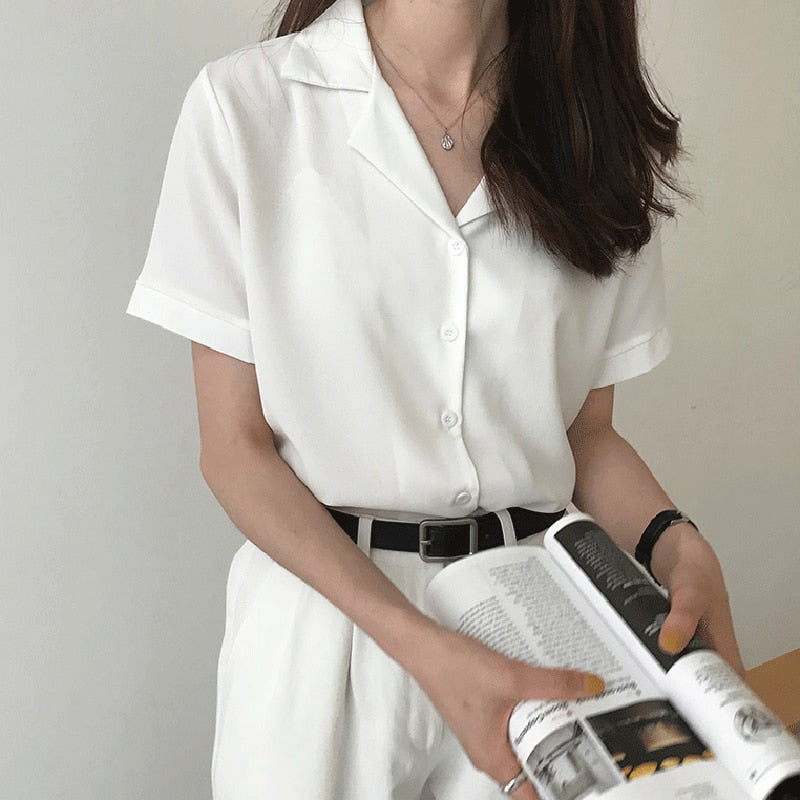 xakxx Summer Blouse Shirt For Women Fashion Short Sleeve V Neck Casual Office Lady White Shirts Tops Japan Korean Style