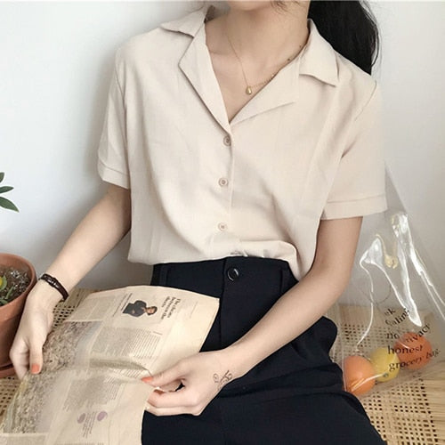 xakxx Summer Blouse Shirt For Women Fashion Short Sleeve V Neck Casual Office Lady White Shirts Tops Japan Korean Style