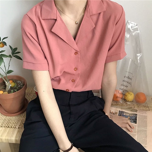 xakxx Summer Blouse Shirt For Women Fashion Short Sleeve V Neck Casual Office Lady White Shirts Tops Japan Korean Style