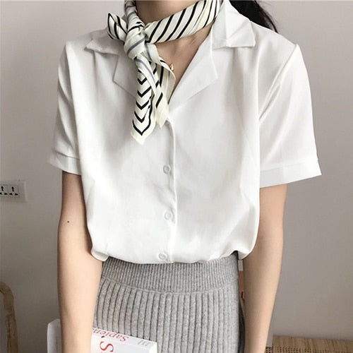 xakxx Summer Blouse Shirt For Women Fashion Short Sleeve V Neck Casual Office Lady White Shirts Tops Japan Korean Style