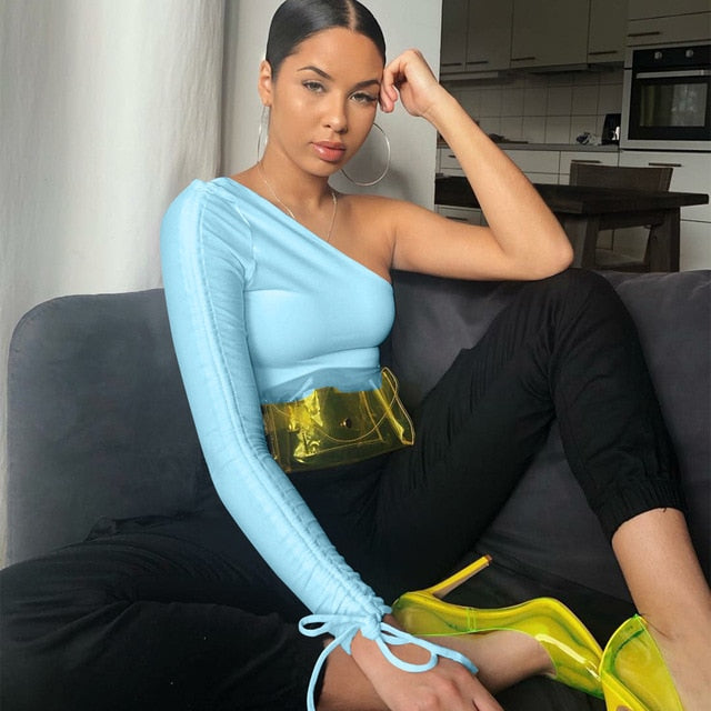 drawstring ruched women t shirt crop top one shoulder bodycon sexy streetwear party club elegant autumn winter clothes