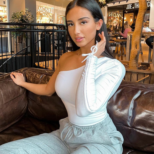 drawstring ruched women t shirt crop top one shoulder bodycon sexy streetwear party club elegant autumn winter clothes