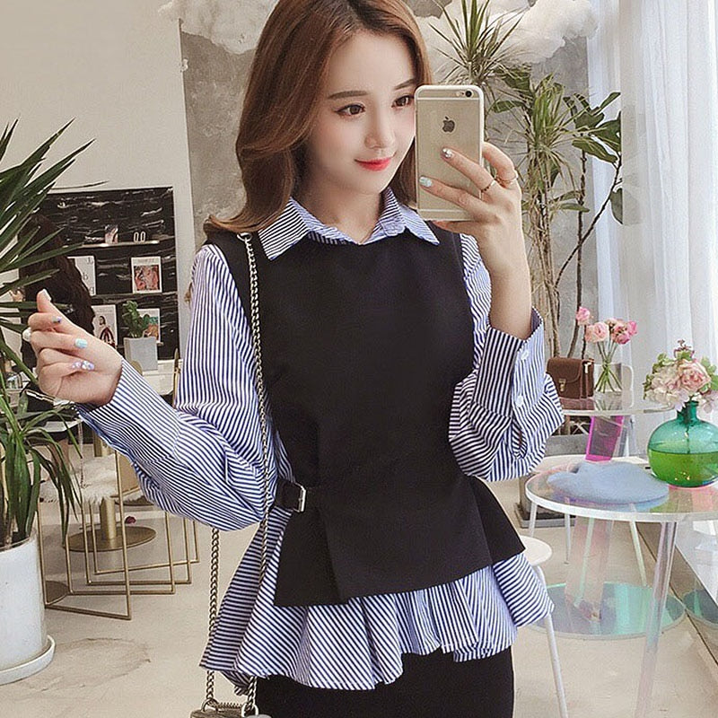 Female Patchwork Shirt Womens Tops Office Blouse Fake Collar ladies Blue Stripe Slim Casual Autumn Warm Shirts Long Sleeve 2PC