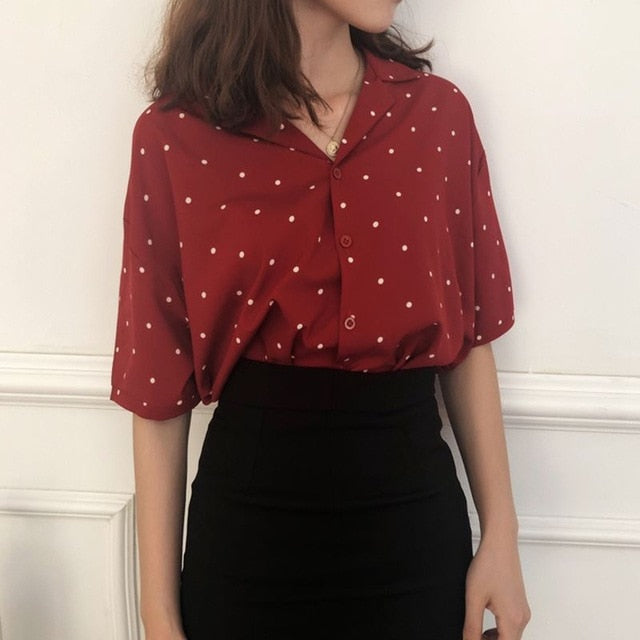 xakxx Women Blouse Polka Dot Shirt Summer Short Sleeve V Neck Casual Elegant Print Tops Female Clothing White Shirts